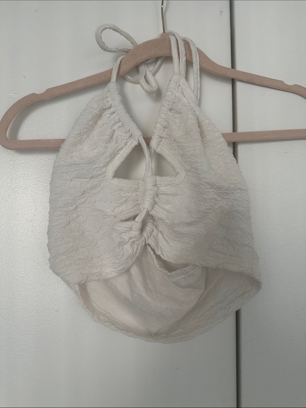 SHEIN Cream Lace Ruched Halter Crop Top
